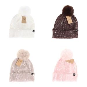 Sequin Pom-Pom Beanie ivory, Brown, Taupe or winter hat